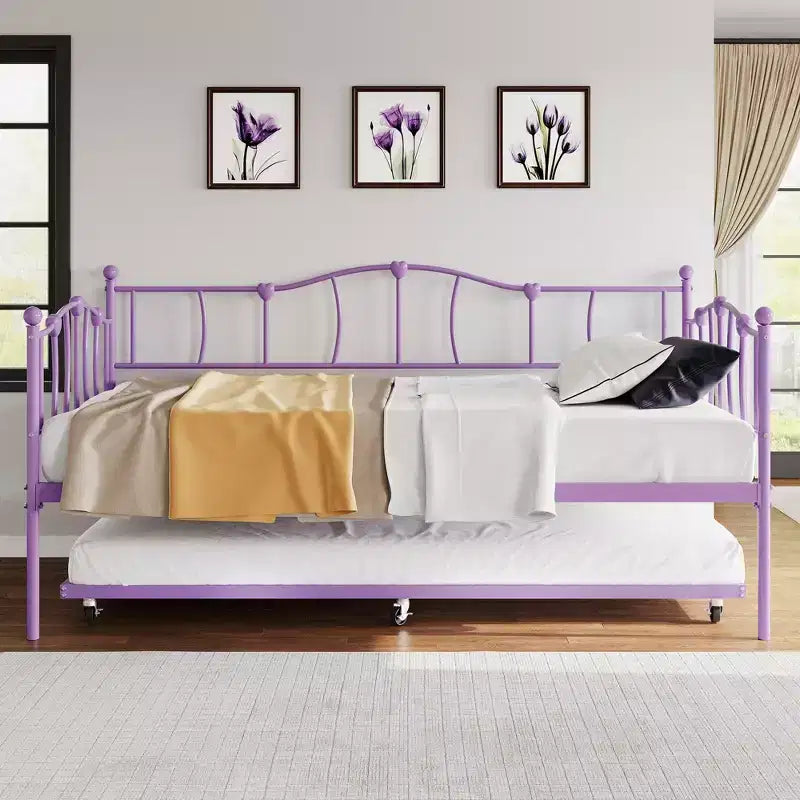 Metall Twin Tagesbett, Twin-Size Tagesbett mit ausziehbarem Bett und Kopfteil, Metallsofabettgestell mit Stahl-Lattenrost für Wohnzimmer, Schlafzimmer