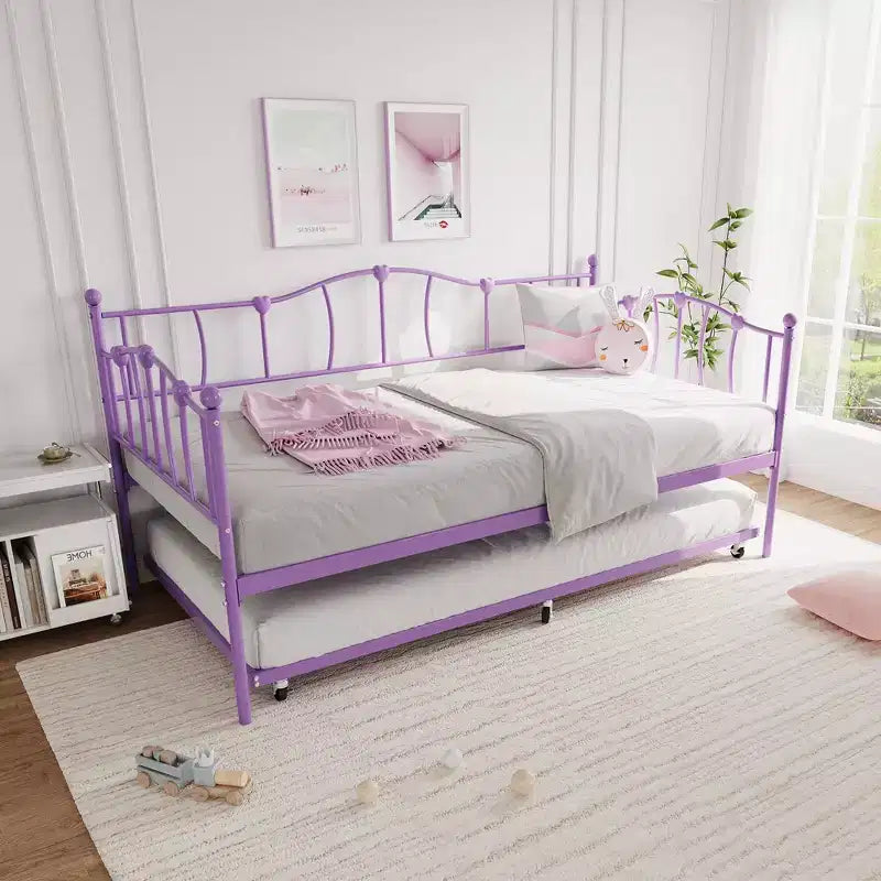 Metall Twin Tagesbett, Twin-Size Tagesbett mit ausziehbarem Bett und Kopfteil, Metallsofabettgestell mit Stahl-Lattenrost für Wohnzimmer, Schlafzimmer