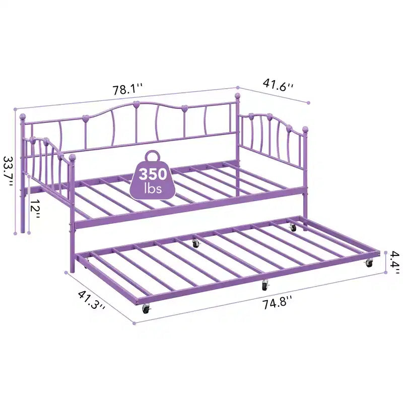 Metall Twin Tagesbett, Twin-Size Tagesbett mit ausziehbarem Bett und Kopfteil, Metallsofabettgestell mit Stahl-Lattenrost für Wohnzimmer, Schlafzimmer