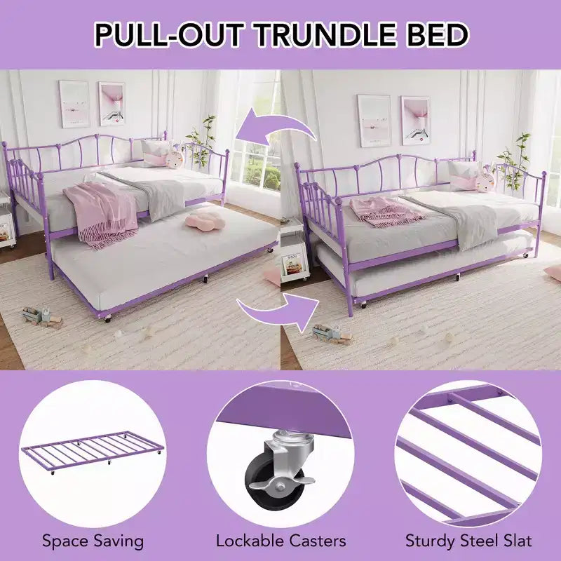 Metall Twin Tagesbett, Twin-Size Tagesbett mit ausziehbarem Bett und Kopfteil, Metallsofabettgestell mit Stahl-Lattenrost für Wohnzimmer, Schlafzimmer