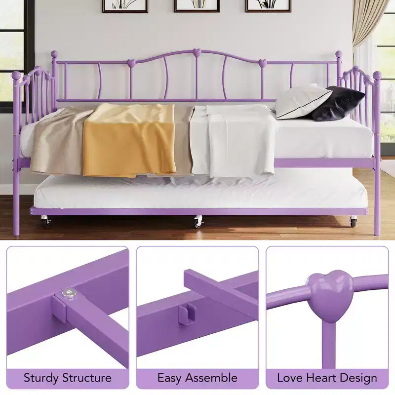 Metall Twin Tagesbett, Twin-Size Tagesbett mit ausziehbarem Bett und Kopfteil, Metallsofabettgestell mit Stahl-Lattenrost für Wohnzimmer, Schlafzimmer