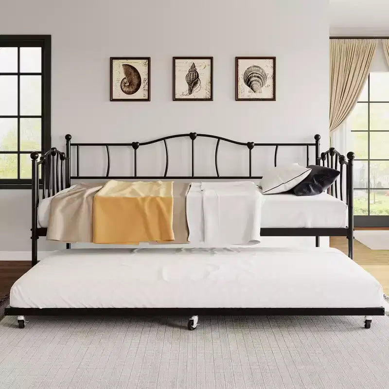 Metal Twin Daybed,Twin Size Day Bed with Pullout Trundle and Headboard,Metal Sofa Bed Frame with Steel Slat Support for Living Room,Bedroom