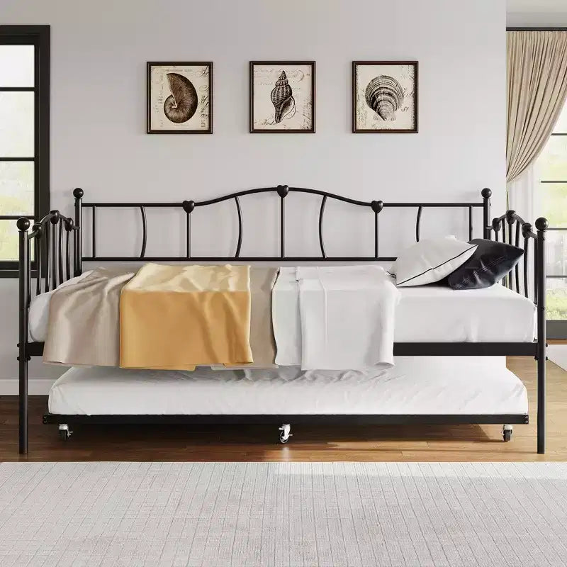 Metal Twin Daybed,Twin Size Day Bed with Pullout Trundle and Headboard,Metal Sofa Bed Frame with Steel Slat Support for Living Room,Bedroom