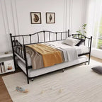Metall Twin Tagesbett, Twin-Size Tagesbett mit ausziehbarem Bett und Kopfteil, Metallsofabettgestell mit Stahl-Lattenrost für Wohnzimmer, Schlafzimmer