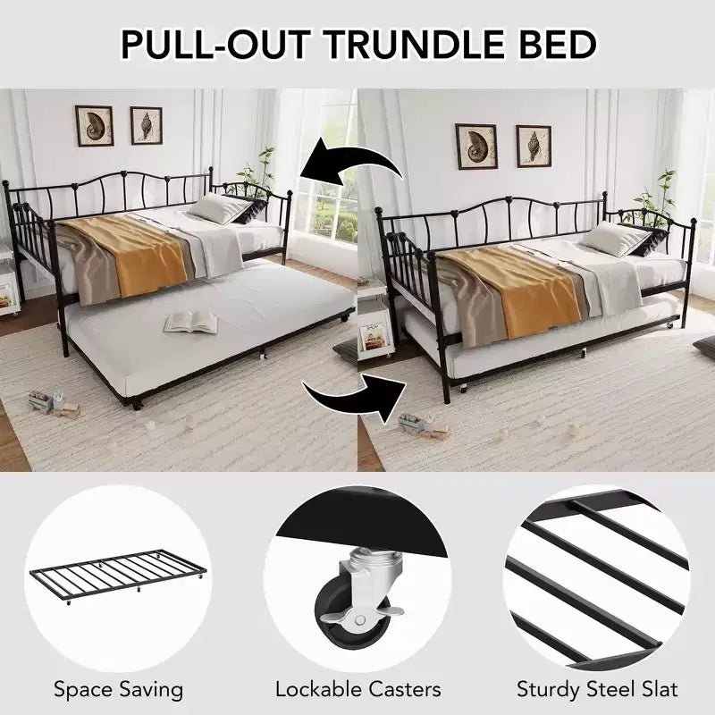 Metall Twin Tagesbett, Twin-Size Tagesbett mit ausziehbarem Bett und Kopfteil, Metallsofabettgestell mit Stahl-Lattenrost für Wohnzimmer, Schlafzimmer
