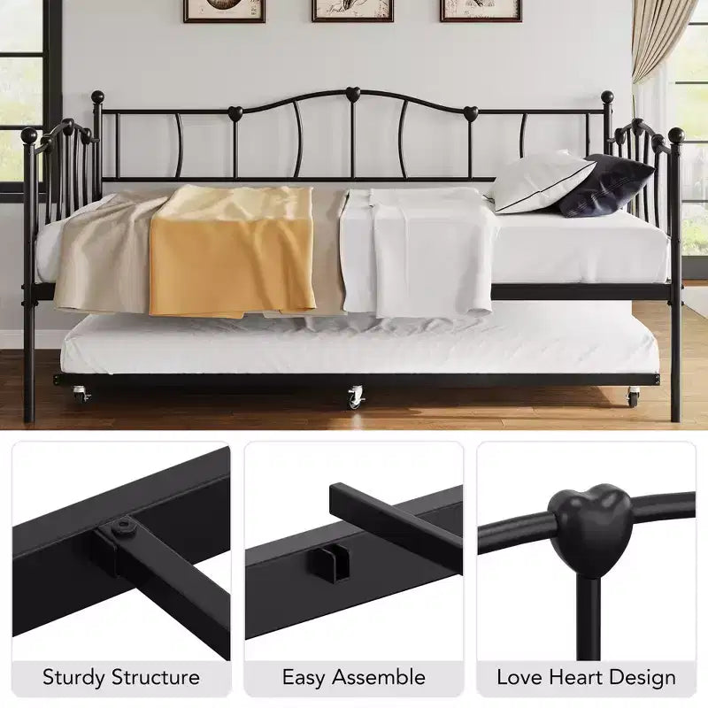 Metall Twin Tagesbett, Twin-Size Tagesbett mit ausziehbarem Bett und Kopfteil, Metallsofabettgestell mit Stahl-Lattenrost für Wohnzimmer, Schlafzimmer