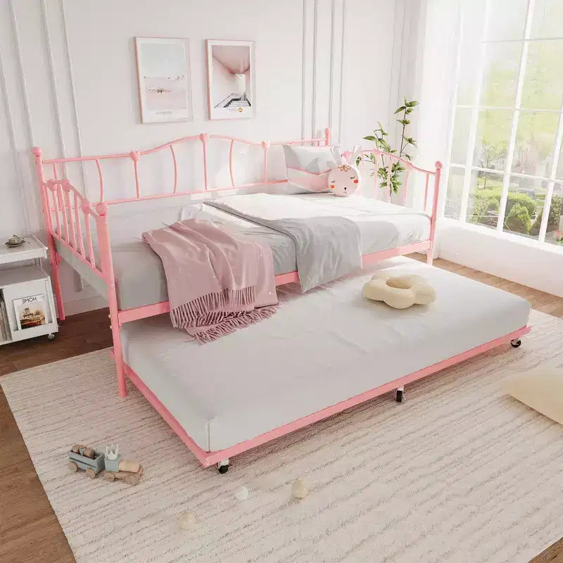 Metal Twin Daybed,Twin Size Day Bed with Pullout Trundle and Headboard,Metal Sofa Bed Frame with Steel Slat Support for Living Room,Bedroom