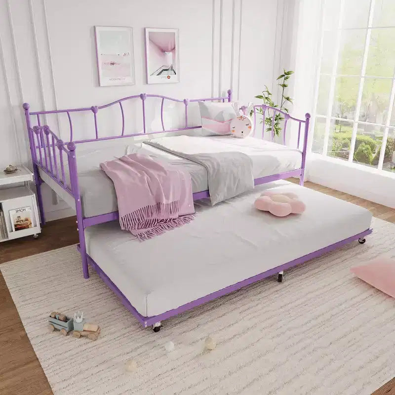 Metal Twin Daybed,Twin Size Day Bed with Pullout Trundle and Headboard,Metal Sofa Bed Frame with Steel Slat Support for Living Room,Bedroom