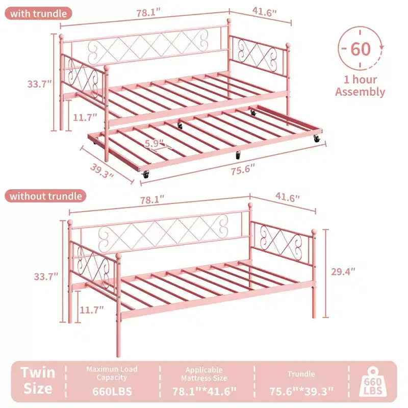Tagesbett mit Ausziehbett, Metall Twin Tagesbettgestell mit Kopfteil, multifunktionale Matratzenplattform Sofa-Bett für Schlafzimmer, Wohnzimmer, Gästezimmer