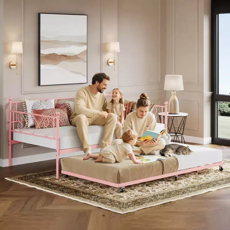 Tagesbett mit Ausziehbett, Metall Twin Tagesbettgestell mit Kopfteil, multifunktionale Matratzenplattform Sofa-Bett für Schlafzimmer, Wohnzimmer, Gästezimmer