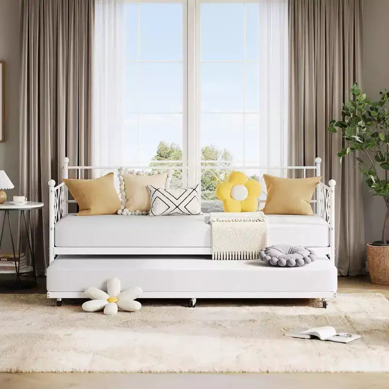 Tagesbett mit Ausziehbett, Metall Twin Tagesbettgestell mit Kopfteil, multifunktionale Matratzenplattform Sofa-Bett für Schlafzimmer, Wohnzimmer, Gästezimmer