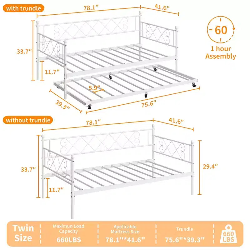 Tagesbett mit Ausziehbett, Metall Twin Tagesbettgestell mit Kopfteil, multifunktionale Matratzenplattform Sofa-Bett für Schlafzimmer, Wohnzimmer, Gästezimmer