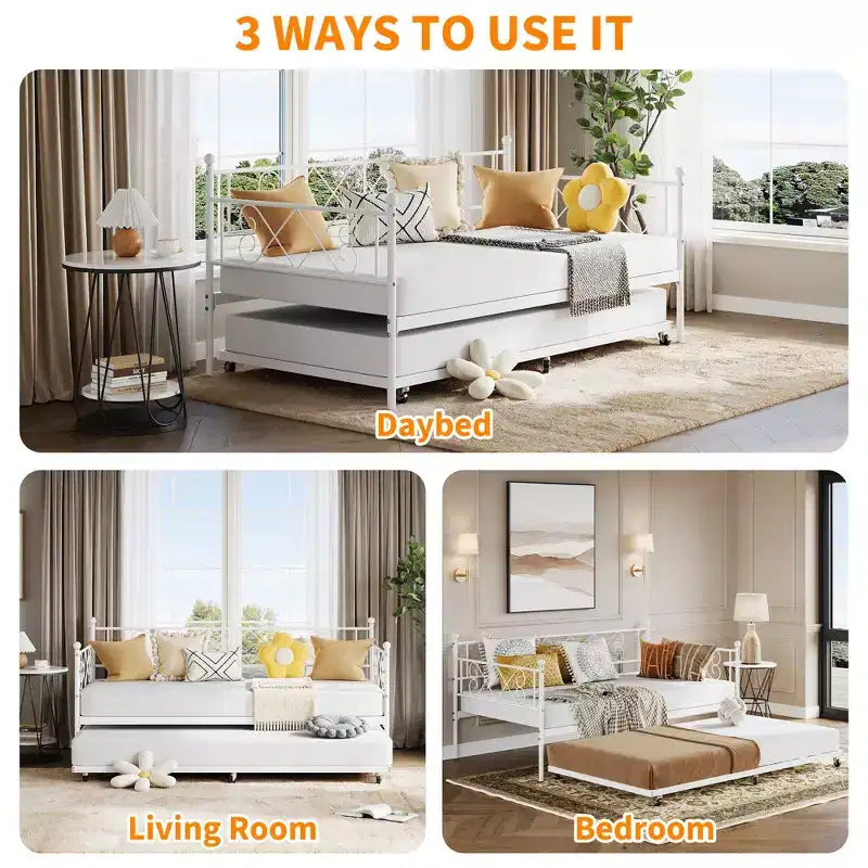 Tagesbett mit Ausziehbett, Metall Twin Tagesbettgestell mit Kopfteil, multifunktionale Matratzenplattform Sofa-Bett für Schlafzimmer, Wohnzimmer, Gästezimmer