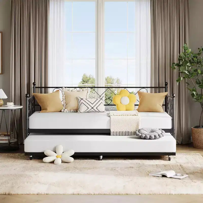 Tagesbett mit Ausziehbett, Metall Twin Tagesbettgestell mit Kopfteil, multifunktionale Matratzenplattform Sofa-Bett für Schlafzimmer, Wohnzimmer, Gästezimmer
