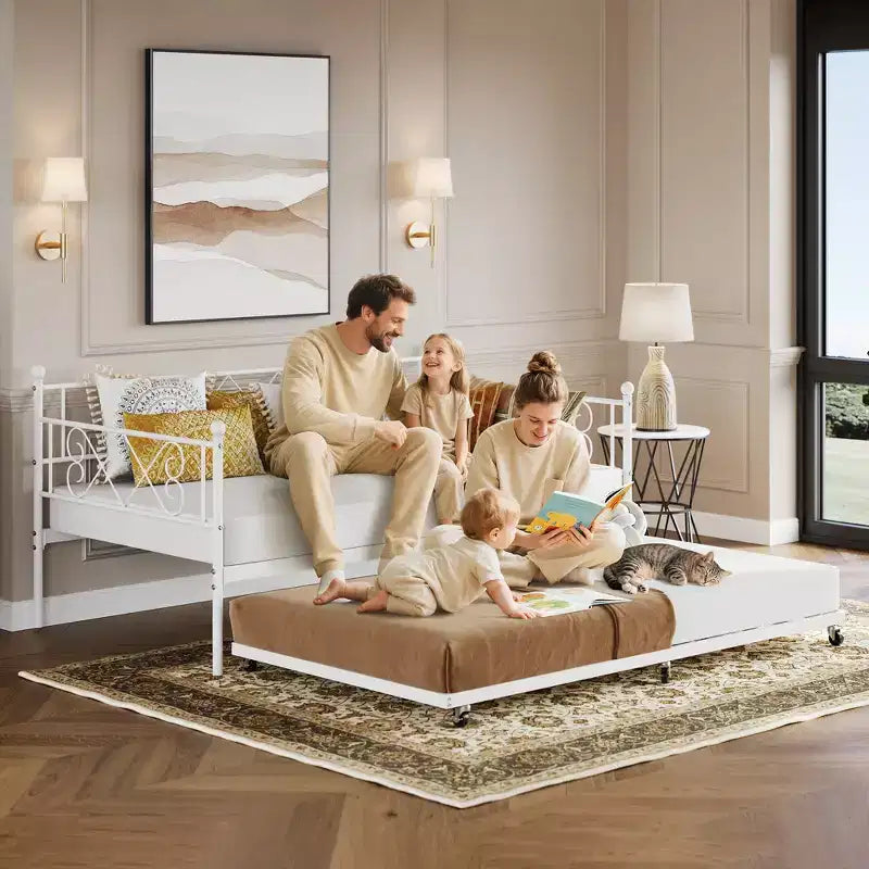Tagesbett mit Ausziehbett, Metall Twin Tagesbettgestell mit Kopfteil, multifunktionale Matratzenplattform Sofa-Bett für Schlafzimmer, Wohnzimmer, Gästezimmer