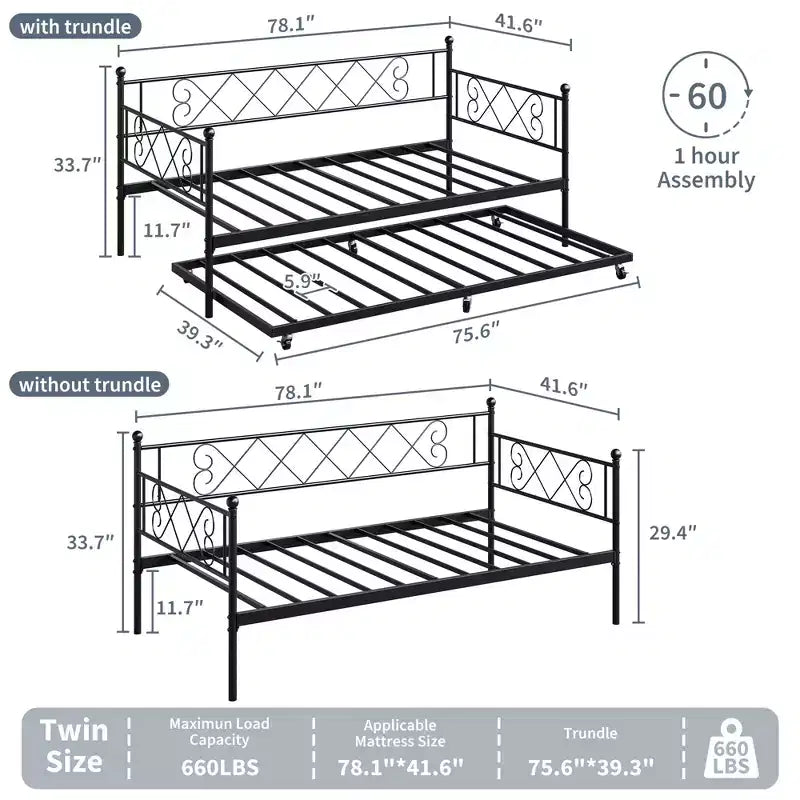 Tagesbett mit Ausziehbett, Metall Twin Tagesbettgestell mit Kopfteil, multifunktionale Matratzenplattform Sofa-Bett für Schlafzimmer, Wohnzimmer, Gästezimmer
