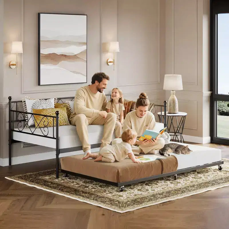 Tagesbett mit Ausziehbett, Metall Twin Tagesbettgestell mit Kopfteil, multifunktionale Matratzenplattform Sofa-Bett für Schlafzimmer, Wohnzimmer, Gästezimmer
