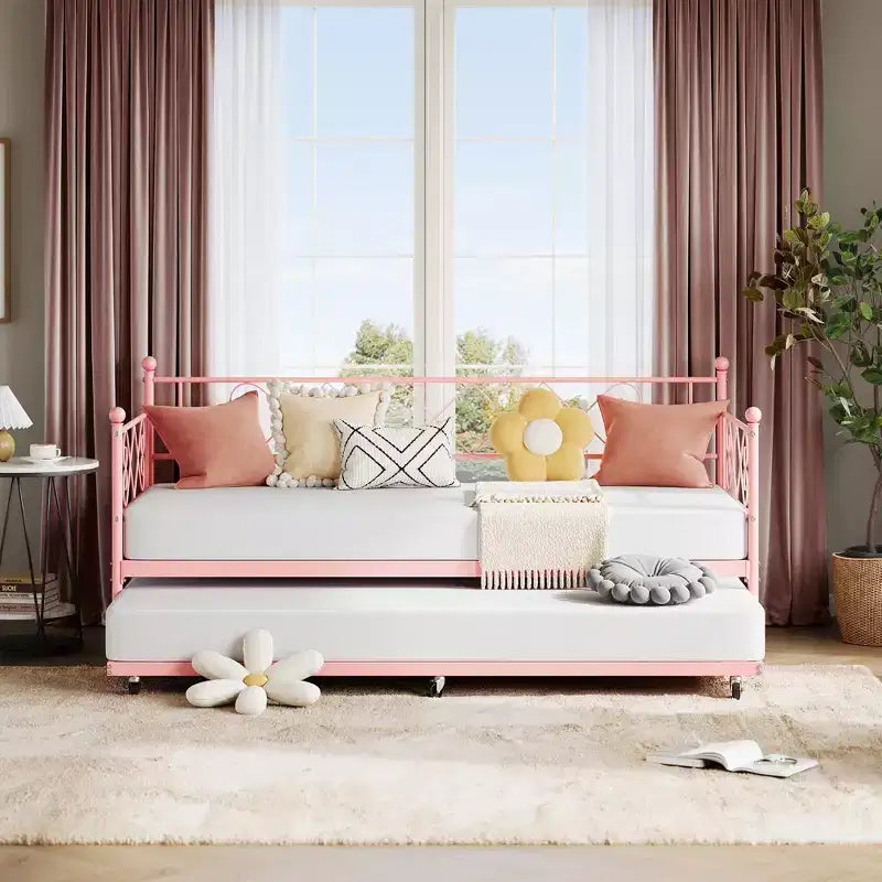 Tagesbett mit Ausziehbett, Metall Twin Tagesbettgestell mit Kopfteil, multifunktionale Matratzenplattform Sofa-Bett für Schlafzimmer, Wohnzimmer, Gästezimmer