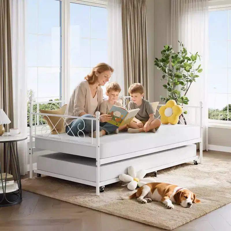 Daybed with Trundle,Metal Twin DayBed Frame with Headboard,Multifunctional Mattress Foundation Platform Sofa Bed for Bedroom,Living Room,Guest Room
