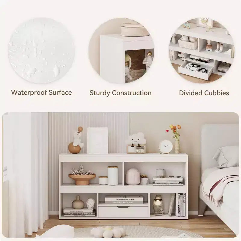 Kids Bookshelf with Drawer, Wooden Toy Storage Organizer, White Bookcase for Playroom, Classroom, Kids Room