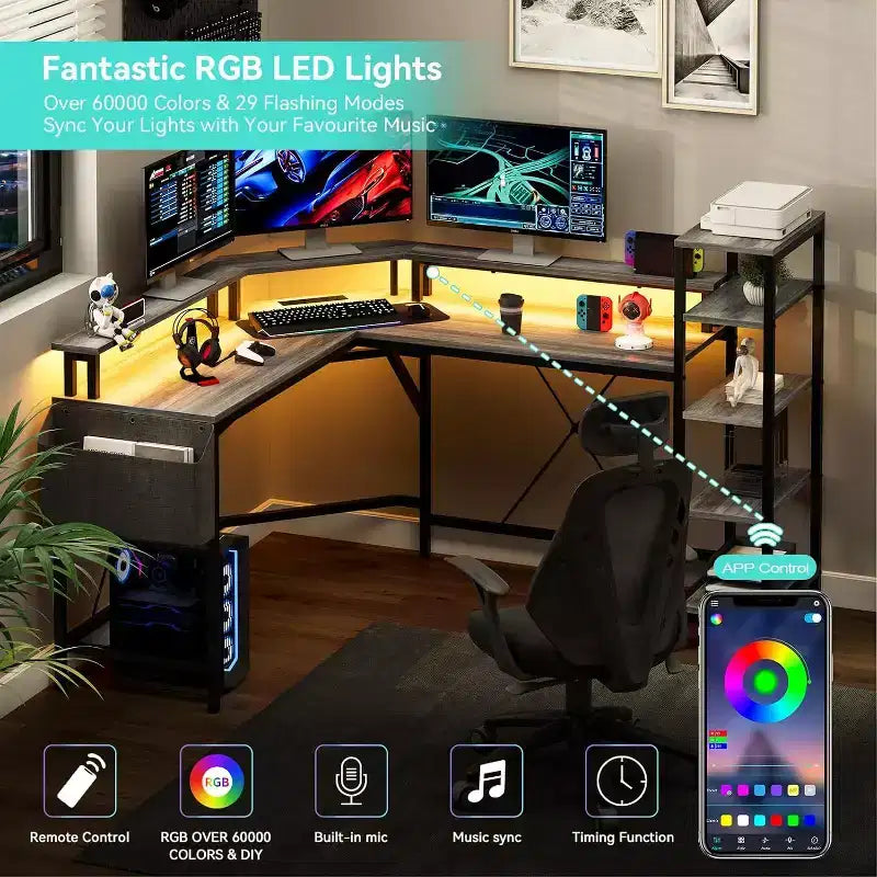 62 Zoll L-förmiger Eckschreibtisch mit Steckdosen, LED-Leuchten, Monitorständer & Ablageregale