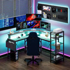 62 Zoll L-förmiger Eckschreibtisch mit Steckdosen, LED-Leuchten, Monitorständer & Ablageregale