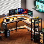 62 Zoll L-förmiger Eckschreibtisch mit Steckdosen, LED-Leuchten, Monitorständer & Ablageregale
