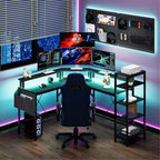 62 Zoll L-förmiger Eckschreibtisch mit Steckdosen, LED-Leuchten, Monitorständer & Ablageregale