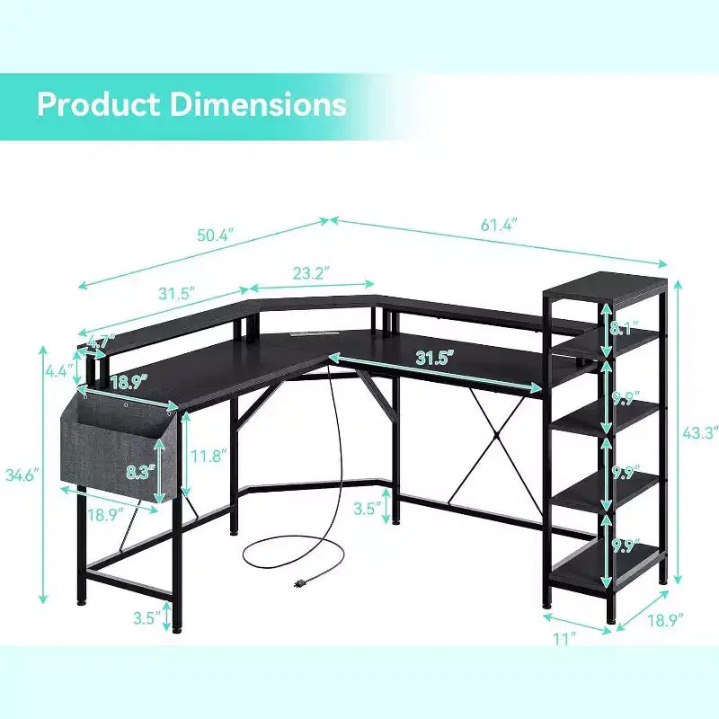 62" L-Shaped Corner Desk with Power Outlets, LED Lights, Monitor Stand & Storage Shelves