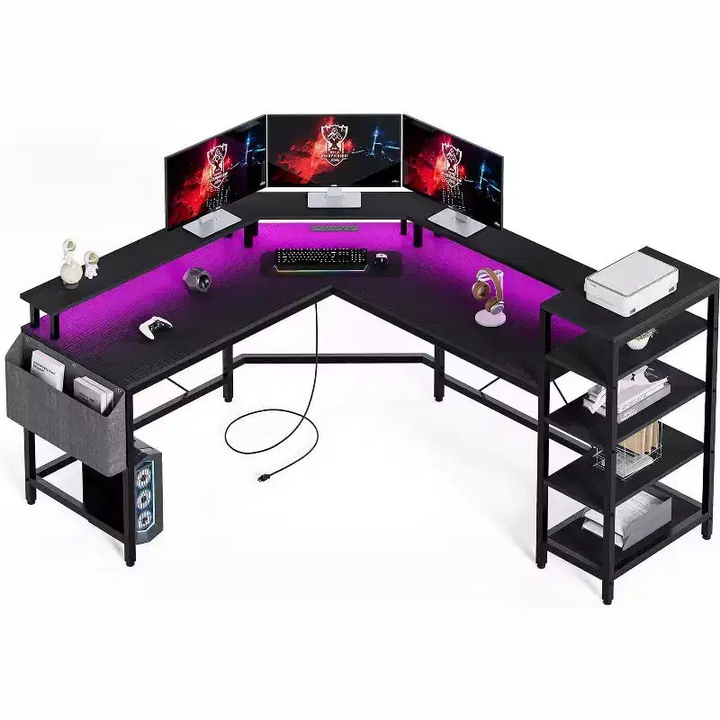 62" L-Shaped Corner Desk with Power Outlets, LED Lights, Monitor Stand & Storage Shelves