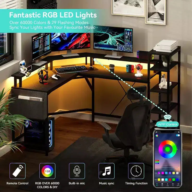 62 Zoll L-förmiger Eckschreibtisch mit Steckdosen, LED-Leuchten, Monitorständer & Ablageregale