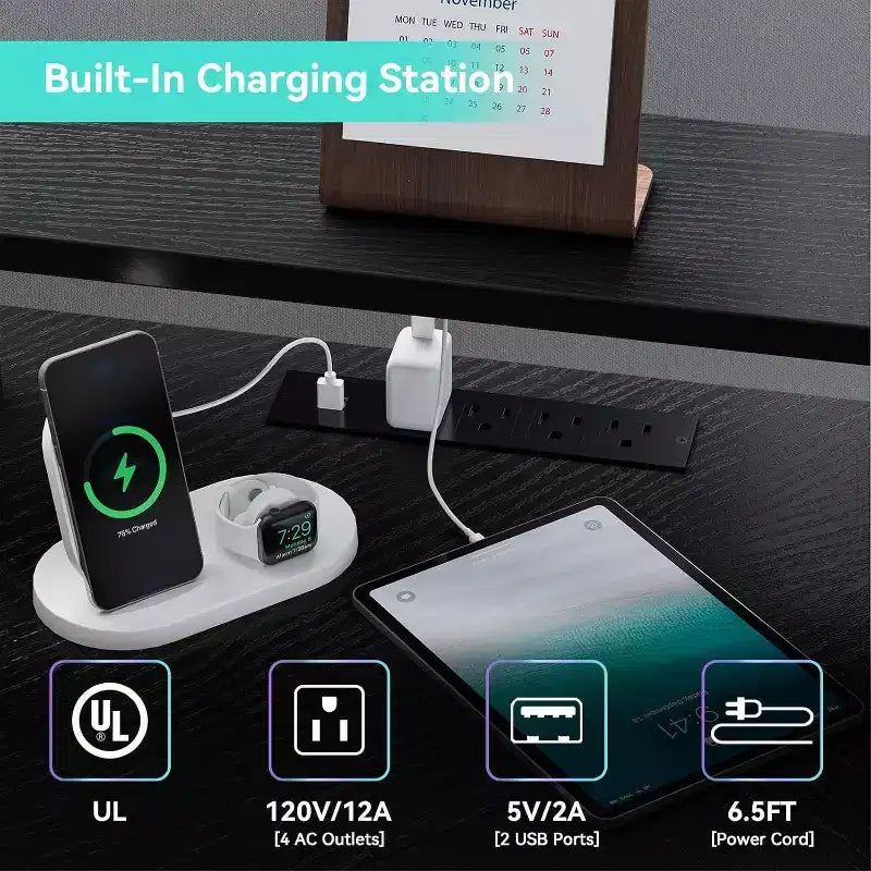 62 Zoll L-förmiger Eckschreibtisch mit Steckdosen, LED-Leuchten, Monitorständer & Ablageregale