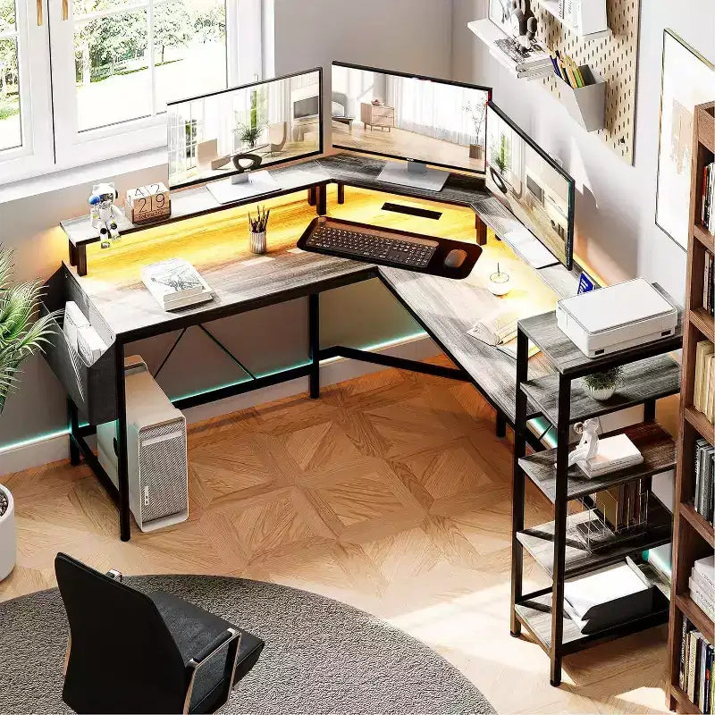 62" L-Shaped Corner Desk with Power Outlets, LED Lights, Monitor Stand & Storage Shelves