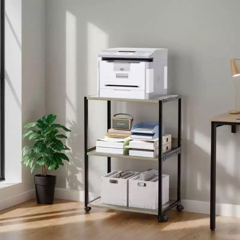 3-Tier Printer Stand, Particleboard, Washed Gray, 15.7"x12"x25.6", Office Storage