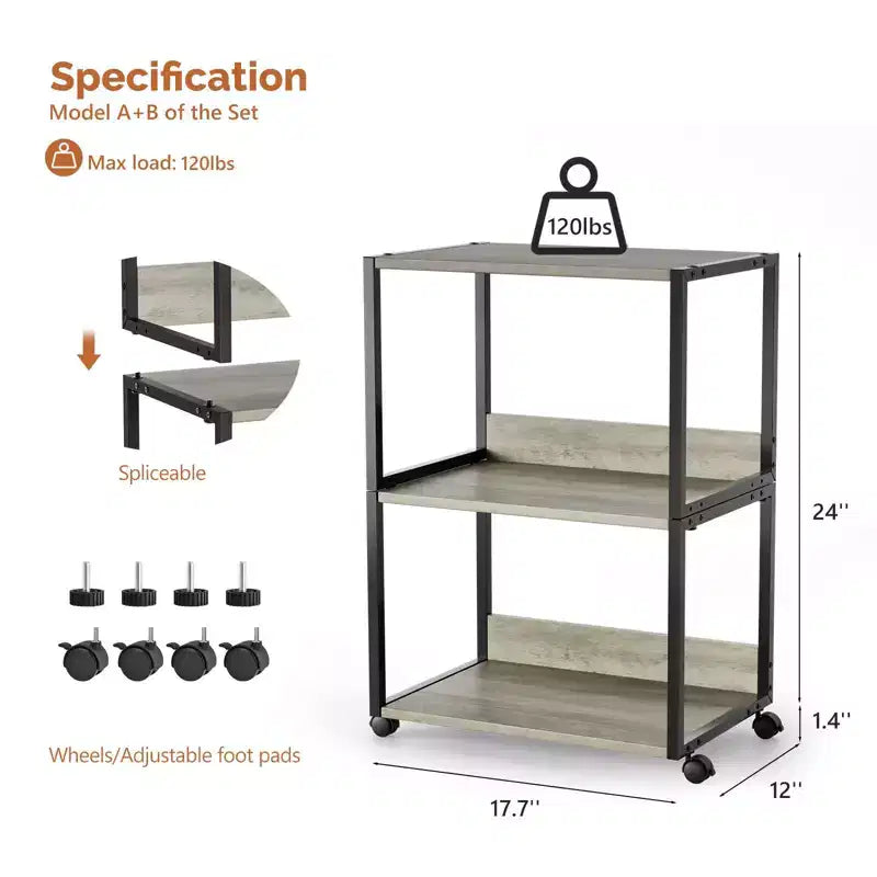 3-Tier Printer Stand, Particleboard, Washed Gray, 15.7"x12"x25.6", Office Storage