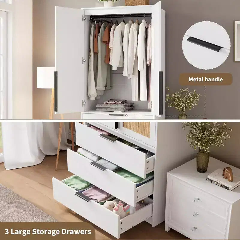 3 Çekmeceli ve 2 Kapılı Rattan Gardırop Dolabı, Uzun Ahşap Kıyafet Askısı, Yatak Odası Depolama Dolabı