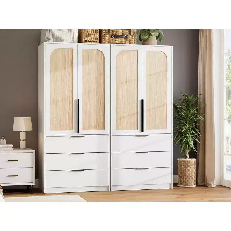 3 Çekmeceli ve 2 Kapılı Rattan Gardırop Dolabı, Uzun Ahşap Kıyafet Askısı, Yatak Odası Depolama Dolabı