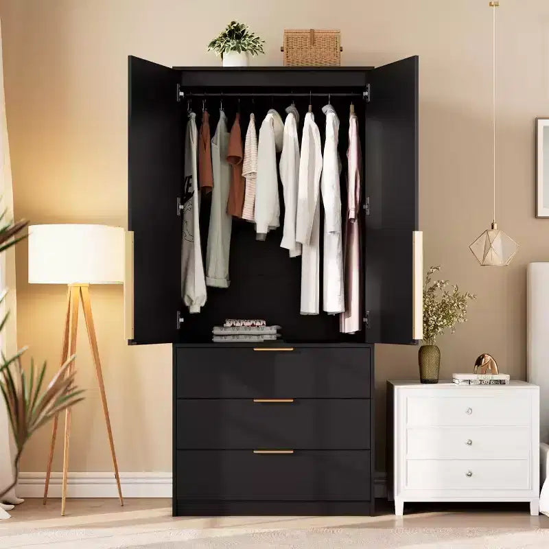 Rattan Armoire Wardrobe Closet with 3 Drawers & 2 Doors, Tall Wooden Wardrobe for Hanging Clothes, Bedroom Storage Cabinet