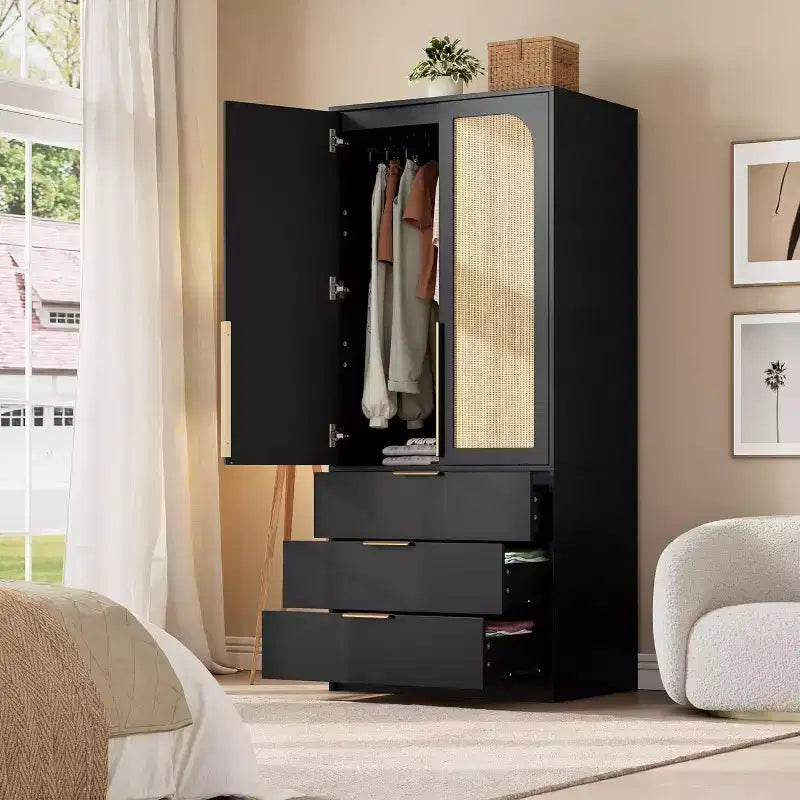 Rattan Armoire Wardrobe Closet with 3 Drawers & 2 Doors, Tall Wooden Wardrobe for Hanging Clothes, Bedroom Storage Cabinet