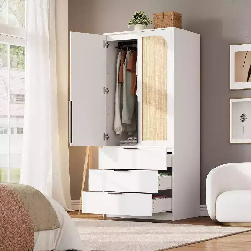 Rattan Armoire Wardrobe Closet with 3 Drawers & 2 Doors, Tall Wooden Wardrobe for Hanging Clothes, Bedroom Storage Cabinet