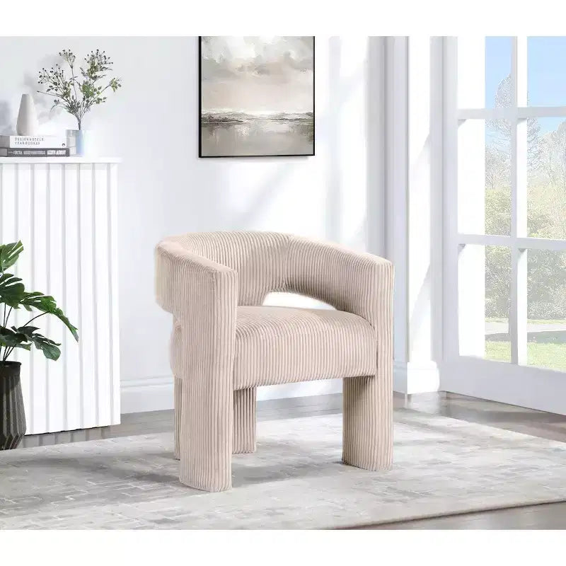 Corduroy Fabric Accent Dining Chair, Barrel Design, Upholstered with Wood Frame, Beige