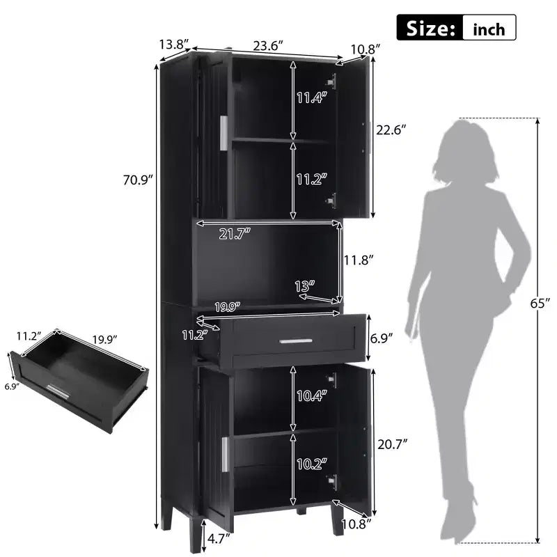 72" Tall Freestanding Bathroom Storage Cabinet with Doors, Drawers & Adjustable Shelves