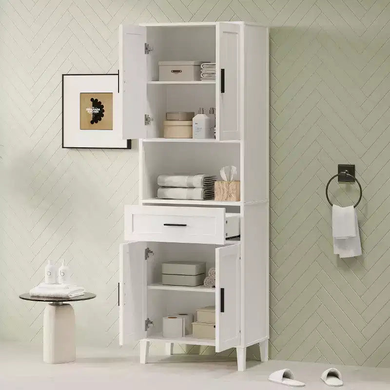 72" Yüksek Ayakta Durabilen Banyo Depolama Dolabı, Kapaklı, Çekmeceli ve Ayarlanabilir Raflı