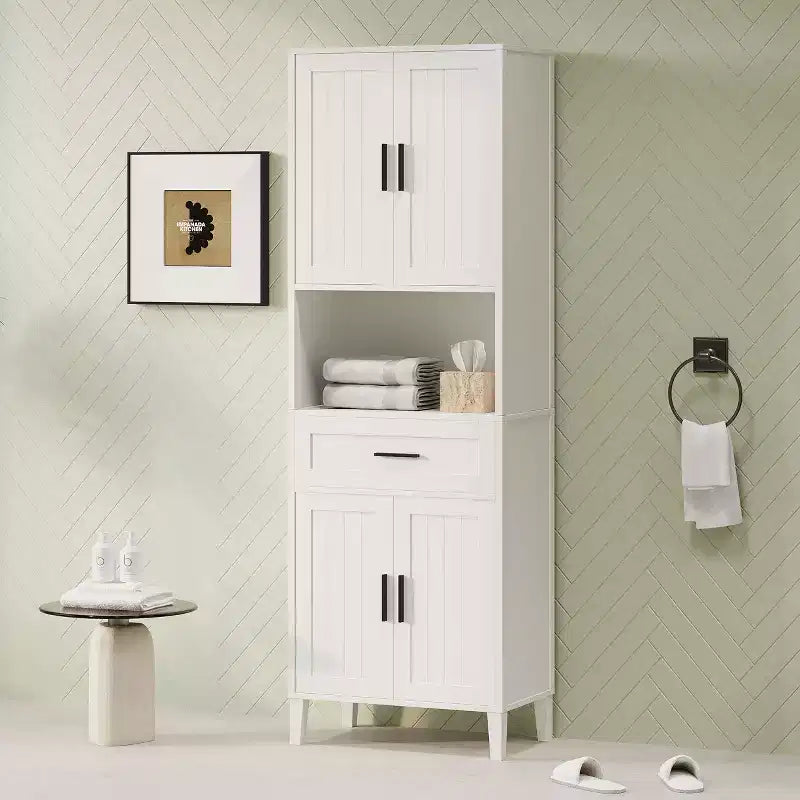72" Yüksek Ayakta Durabilen Banyo Depolama Dolabı, Kapaklı, Çekmeceli ve Ayarlanabilir Raflı
