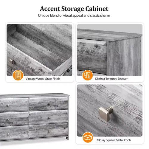 6-Drawer Wide Chest of Drawers, Grey MDF, 53.94"W Storage Dresser for Bedroom