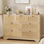 CuisinSmart Natural Rattan 7 Drawer Dresser for Bedroom, Farmhouse Wooden Chest of Drawers for Living Room, Entryway, Hallway, Oak