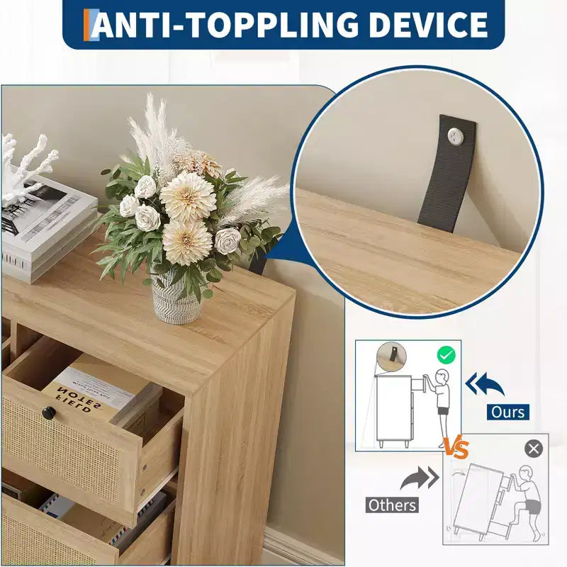 Cassettiera in rattan naturale a 7 cassetti, cassettone rustico in legno per camera da letto e soggiorno, quercia