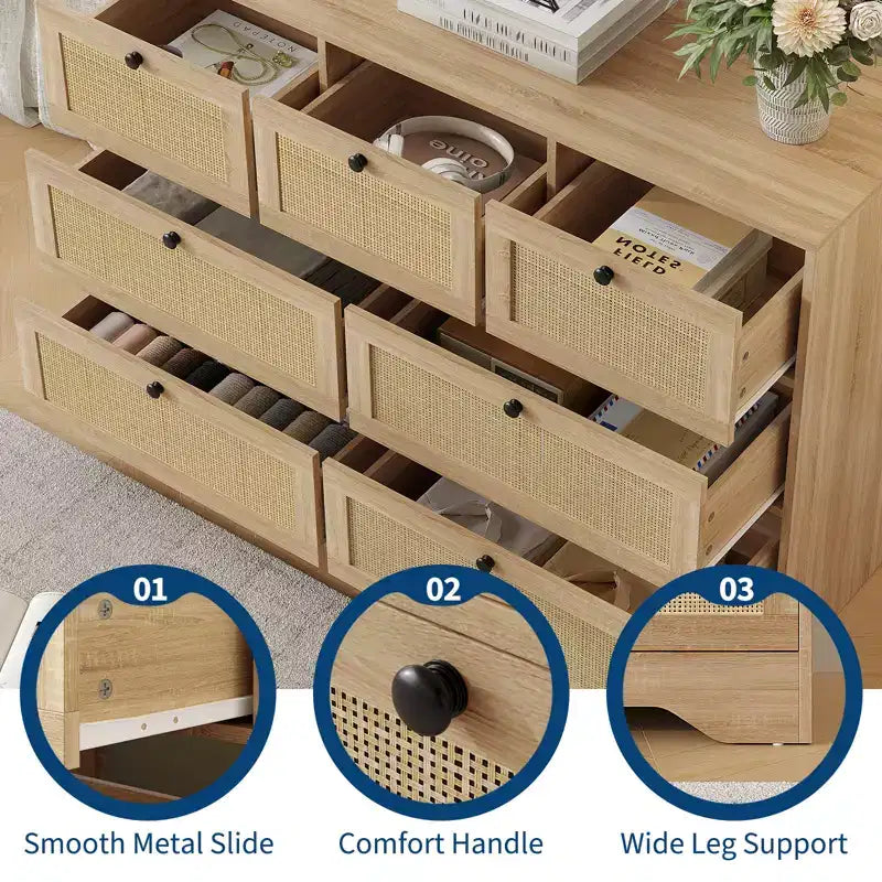 Cassettiera in rattan naturale a 7 cassetti, cassettone rustico in legno per camera da letto e soggiorno, quercia