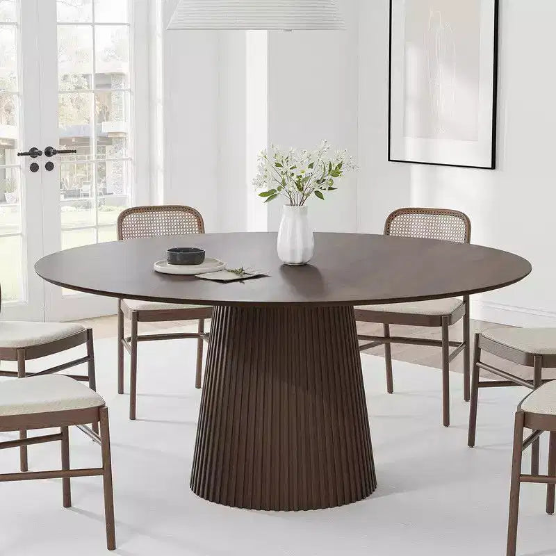 60" Round Dining Table for 6, Fluted Cone Pedestal Base & Wood MDF Top, Walnut