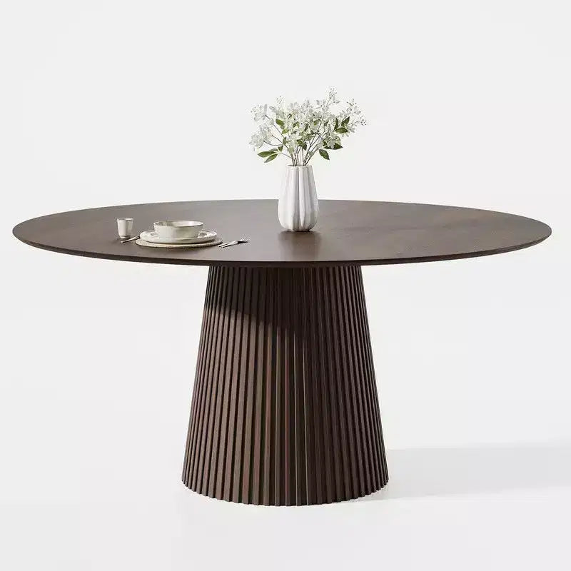 60" ronde eettafel voor 6 personen, gefluteerde kegelvormige voet en houten MDF blad, walnoot